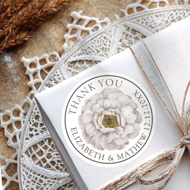 Elegant Off-White Floral Wedding Thank You Sticker (Créateur téléchargé)