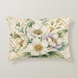 Elegant Off White Flowers, Gold Lattice Pattern Accent Pillow