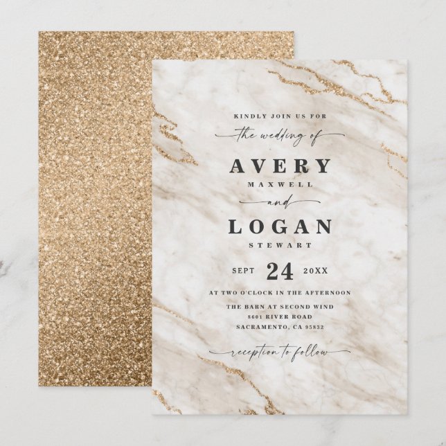 Elegant Off White & Gold Marble & Glitter Wedding Invitation (Front/Back)