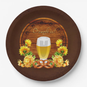 Elegant Oktoberfest Beer, Keg, Chrysanthemums Paper Plate