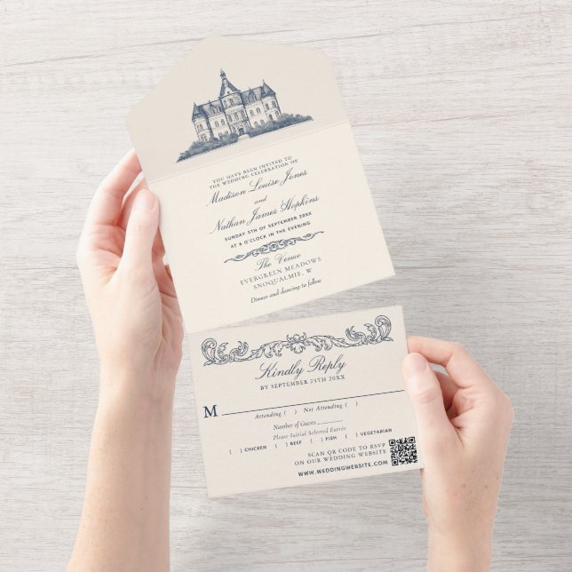 Elegant Old Chateau Manor Wedding QR Code All In One Invitation (Tearaway)