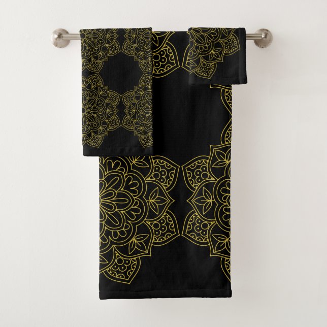 Elegant Old Gold Mandalas on Black Bath Towel Set (Insitu)