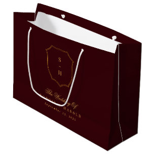 Elegant Old Money Burgundy Gold Monogram Wedding Large Gift Bag