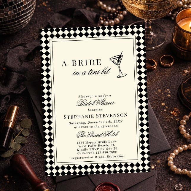 Elegant Old Money Checkered Martini Bridal Shower Invitation (Creator Uploaded)