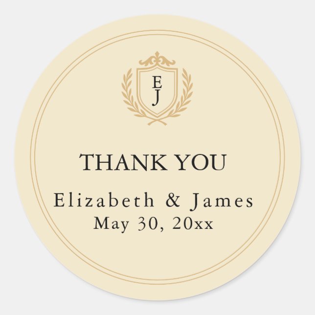 Elegant Old Money Crest - Ivory & Gold Wedding Classic Round Sticker (Front)
