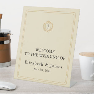 Elegant Old Money Crest - Ivory & Gold Wedding Pedestal Sign