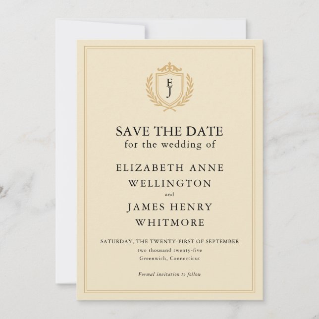 Elegant Old Money Crest - Ivory & Gold Wedding Save The Date (Front)