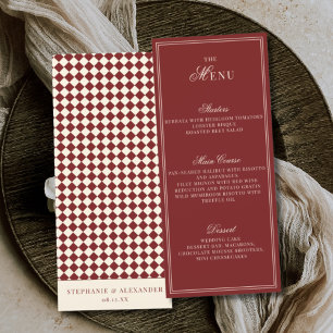 Elegant Old Money Deep Red Ivory Checkered Wedding Menu