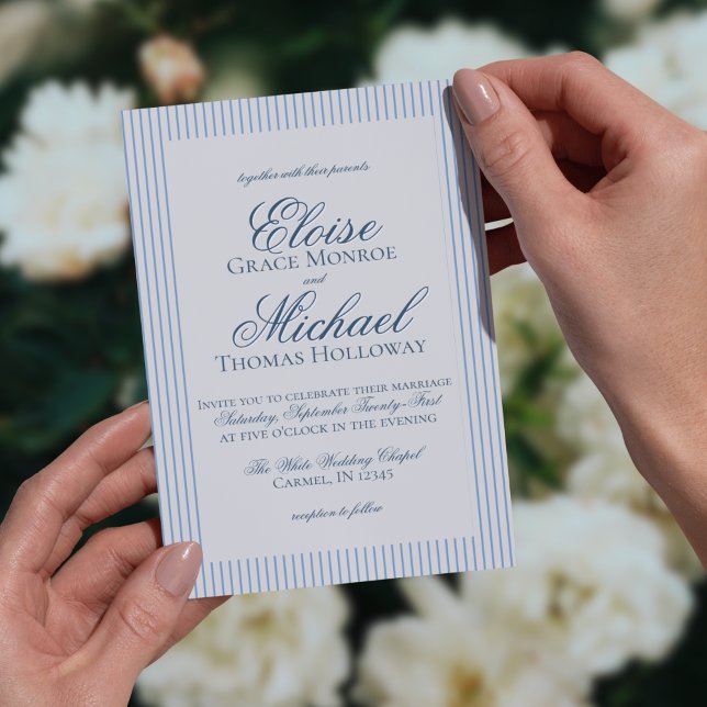 Elegant Old Money Script Blue Stripe Wedding Invitation (Formally invite guests to your big day with this Elegant Old Money Script Thin Stripe Card!)