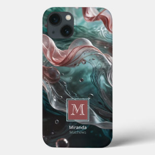 Elegant Old Rose and Emerald Silk Water Typography iPhone 13 Case