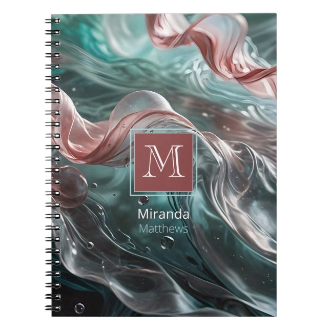 Elegant Old Rose and Emerald Silk Water Typography Notebook (Front)