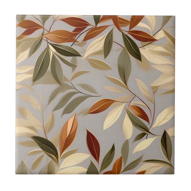 Elegant Olive and Gold Leaves Pattern Tile (Front)