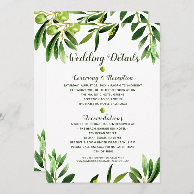 Elegant Olive Boho Garden Summer Wedding Details Invitation (Front/Back)