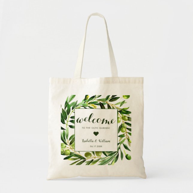 Elegant Olive Boho Garden Wedding Welcome Favour Tote Bag (Front)