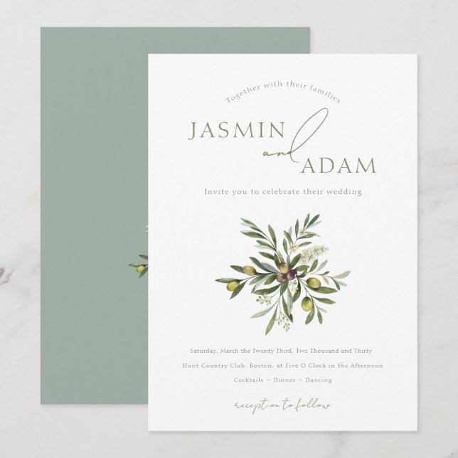Elegant Olive Branch Mediterranean Wedding Invitation (Front/Back)