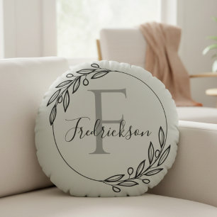 Elegant Olive Branch Monogram Script Family Name Round Pillow
