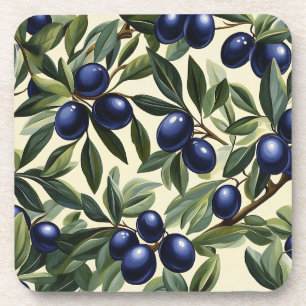 Elegant Olive Branch Pattern with Deep Blue Olives Coaster