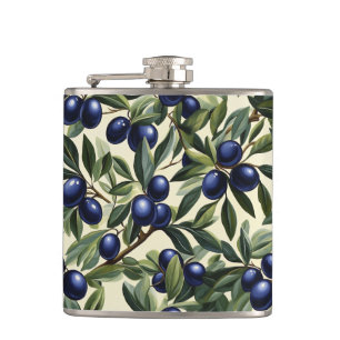 Elegant Olive Branch Pattern with Deep Blue Olives Hip Flask
