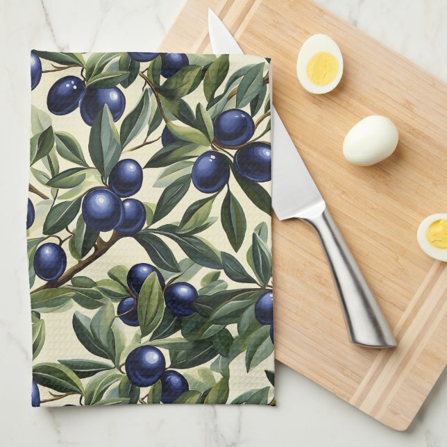 Elegant Olive Branch Pattern with Deep Blue Olives Kitchen Towel (Quarter Fold)