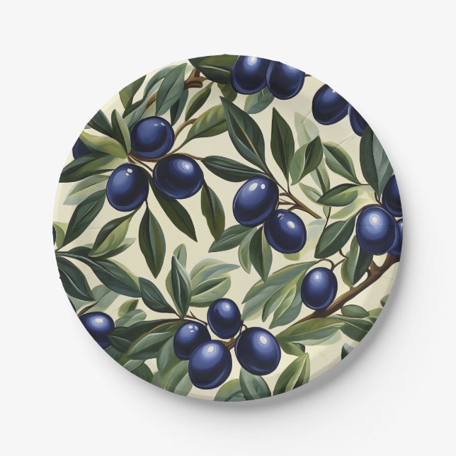 Elegant Olive Branch Pattern with Deep Blue Olives Paper Plate (Front)