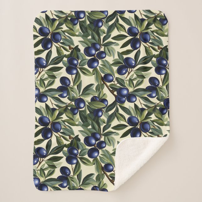 Elegant Olive Branch Pattern with Deep Blue Olives Sherpa Blanket (Front)