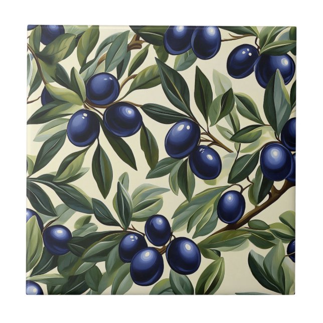Elegant Olive Branch Pattern with Deep Blue Olives Tile (Front)