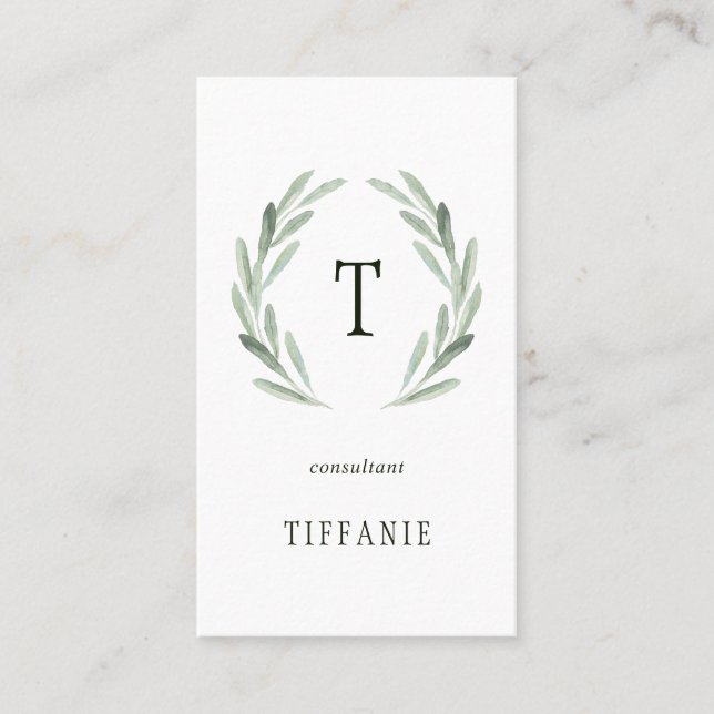 Elegant Olive Branch Wreath Monogram Business Card (Front)