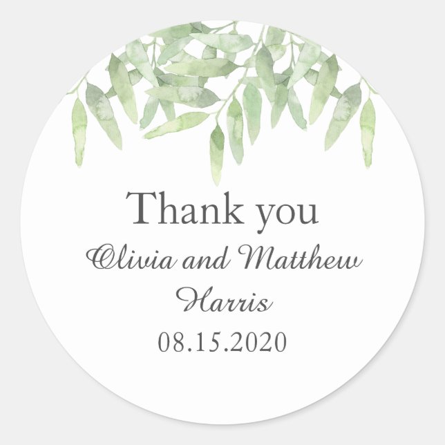 Elegant Olive Branches. Summer wedding Thank You Classic Round Sticker (Front)