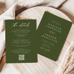 Elegant Olive Green All In One QR Code Wedding Invitation<br><div class="desc">Elegant, all-in-one wedding invitations featuring your names and wedding ceremony information on the front in white lettering with an olive green background. A modern calligraphy script completes the look of this chic olive green wedding invitation. Personalize the back of the calligraphy wedding invitations with wedding details such as reception information,...</div>