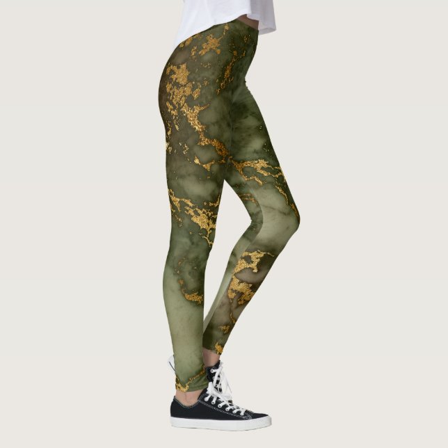 Elegant Olive Green and Gold Marble Leggings (Right)