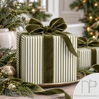 Elegant Olive Green and White Thin Striped Wrapping Paper