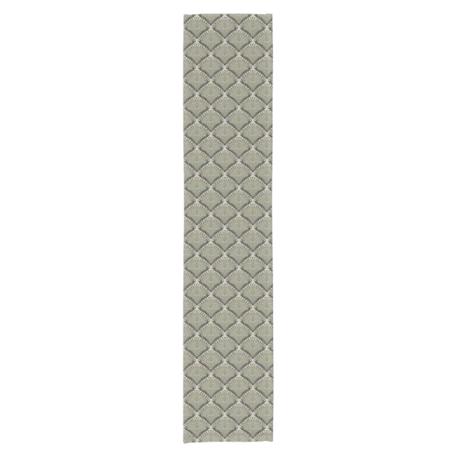 Elegant Olive Green Botanical Fan Pattern Neutral  Short Table Runner (Front)