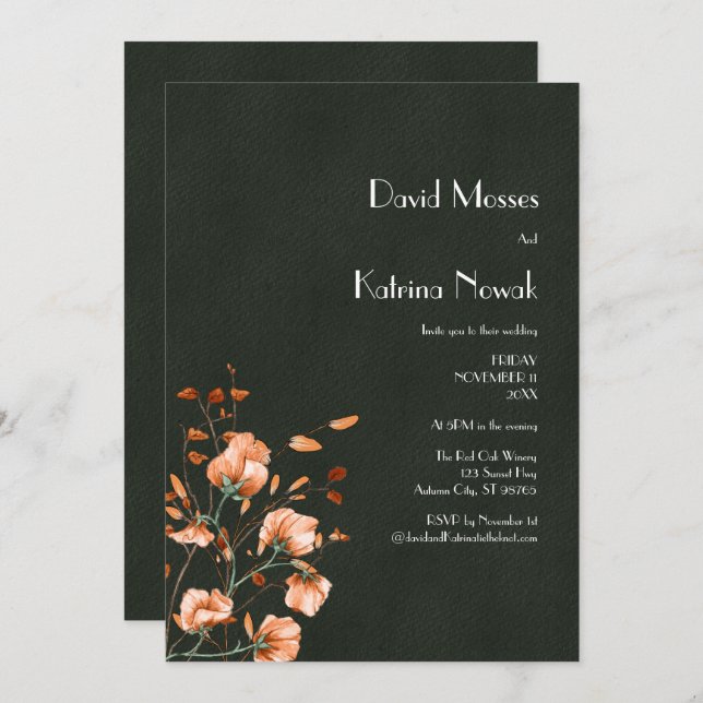 Elegant Olive Green Burnt Orange Florals Wedding Invitation (Front/Back)