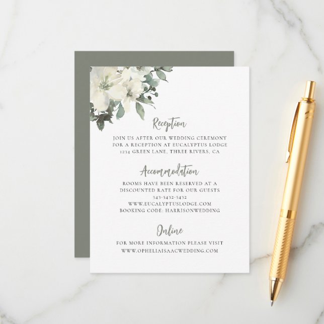 Elegant Olive Green Floral Wedding Enclosure Card (Front/Back In Situ)