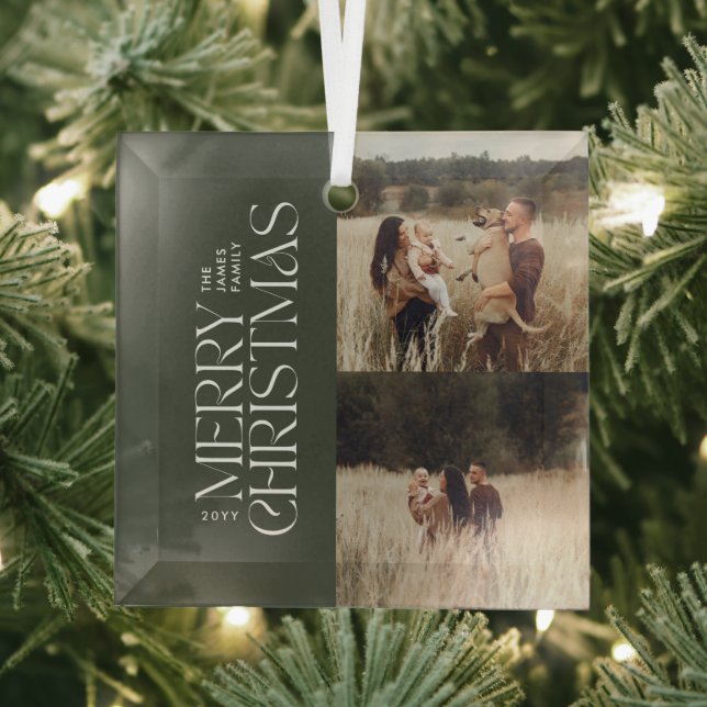 Elegant olive green foliage modern minimal photo glass ornament (Insitu)