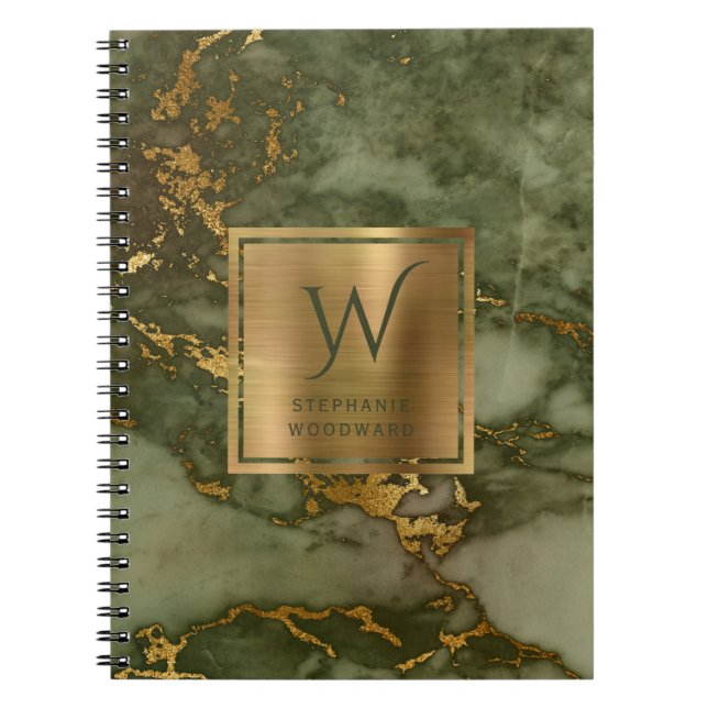 Elegant Olive Green Gold Marble Monogram Notebook (Front)