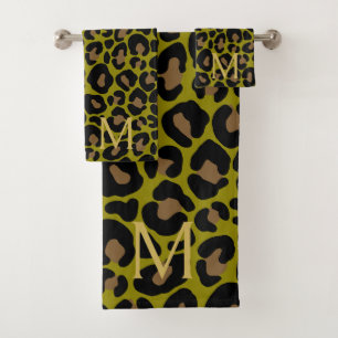 Elegant Olive Green Leopard Monogram Bath Towel Set