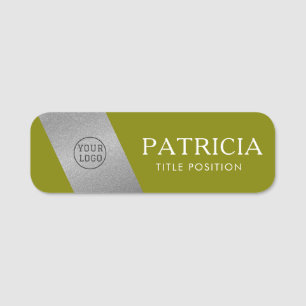 Elegant Olive Green & Luxury Glittered Silver Logo Name Tag