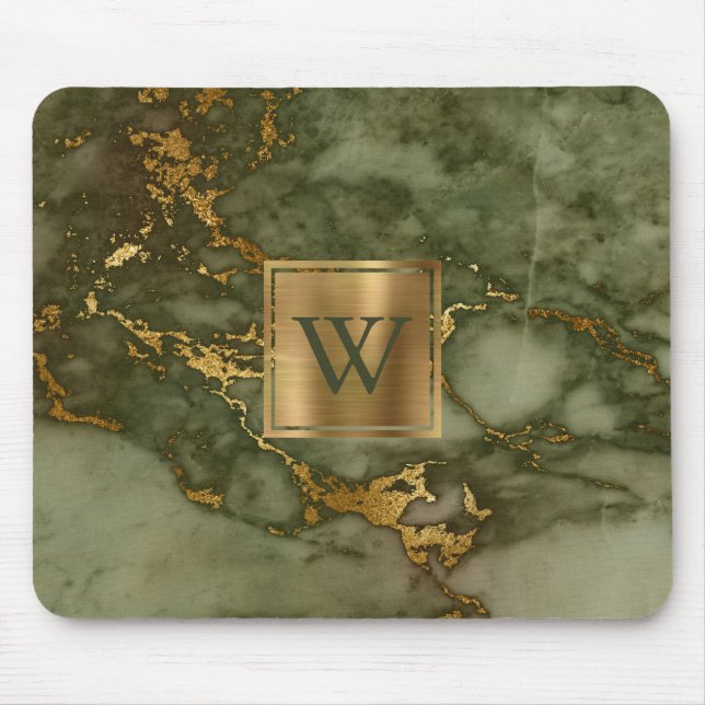 Elegant Olive Green Marble Gold Monogram Mouse Pad (Front)