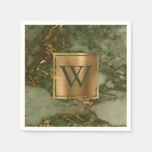 Elegant Olive Green Marble Gold Monogram Napkin