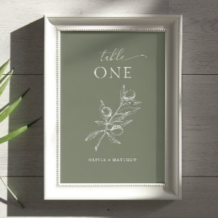 Elegant olive. Green Mediterranean Italian wedding Table Number
