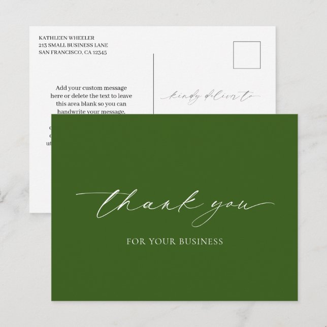 Elegant Olive Green Modern Business Thank You Postcard (Front/Back)