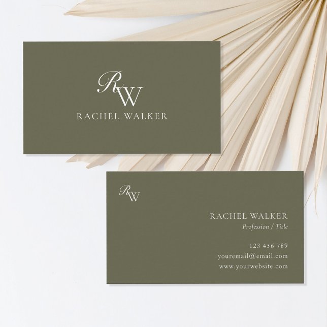 Elegant Olive Green Monogram Business Card (Creator Uploaded)