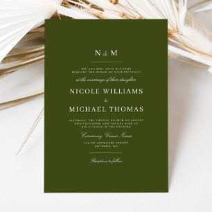Elegant Olive Green Monogram Classic Wedding Invitation