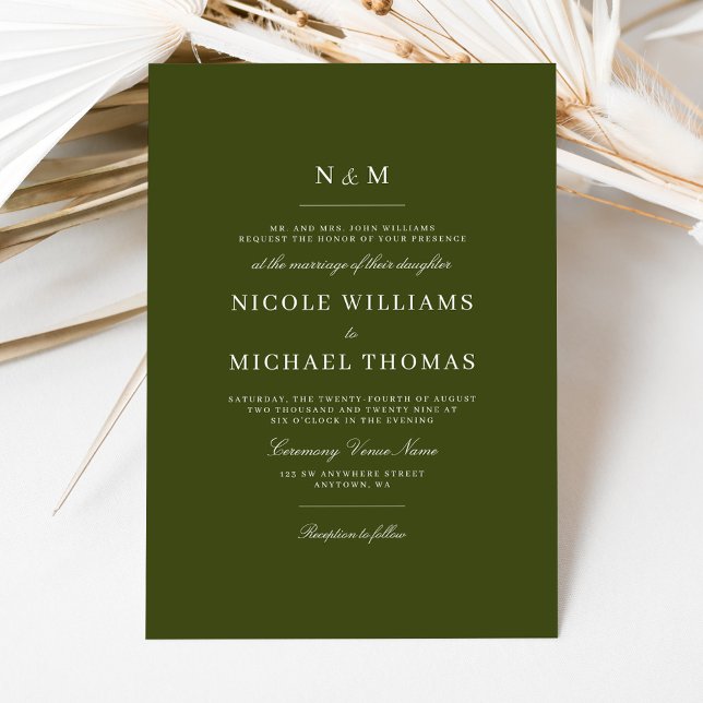 Elegant Olive Green Monogram Classic Wedding Invitation (Creator Uploaded)