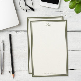 Elegant Olive Green Monogram Two Border Stationery