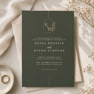 Elegant Olive Green Monogram Wedding  Invitation