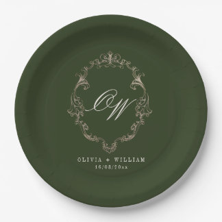 Elegant Olive Green Monogram Wedding Paper Plate