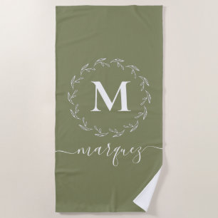 Elegant Olive Green Personalized Wreath Monogram Beach Towel
