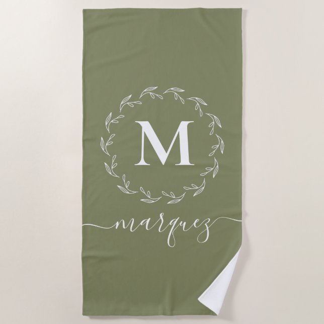 Elegant Olive Green Personalized Wreath Monogram Beach Towel (Front)